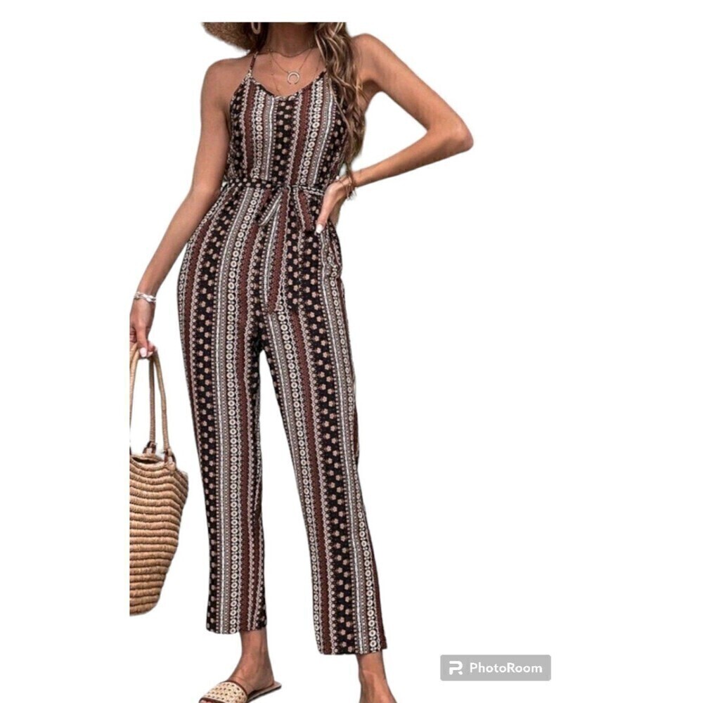 Women's Boho Floral & Geo Print Tie Back Belted Halter Jumpsuit Size Small - Picture 5 of 8